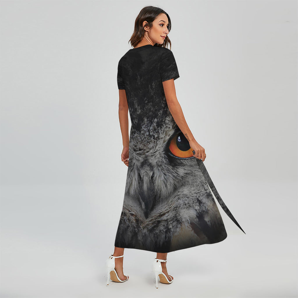 Owl Eyes Print Short Sleeve Maxi Dress