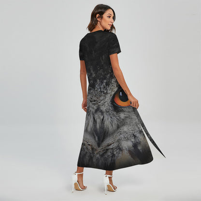 Owl Eyes Print Short Sleeve Maxi Dress