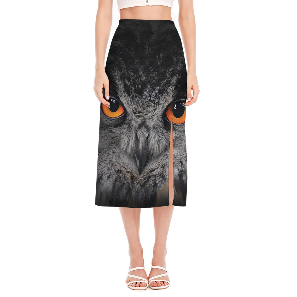 Owl Eyes Print Side Slit Midi Skirt