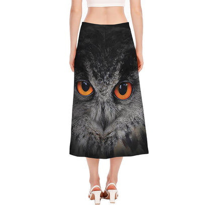 Owl Eyes Print Side Slit Midi Skirt