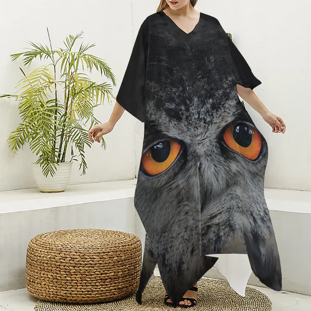 Owl Eyes Print Silk V-Neck Kaftan Dress