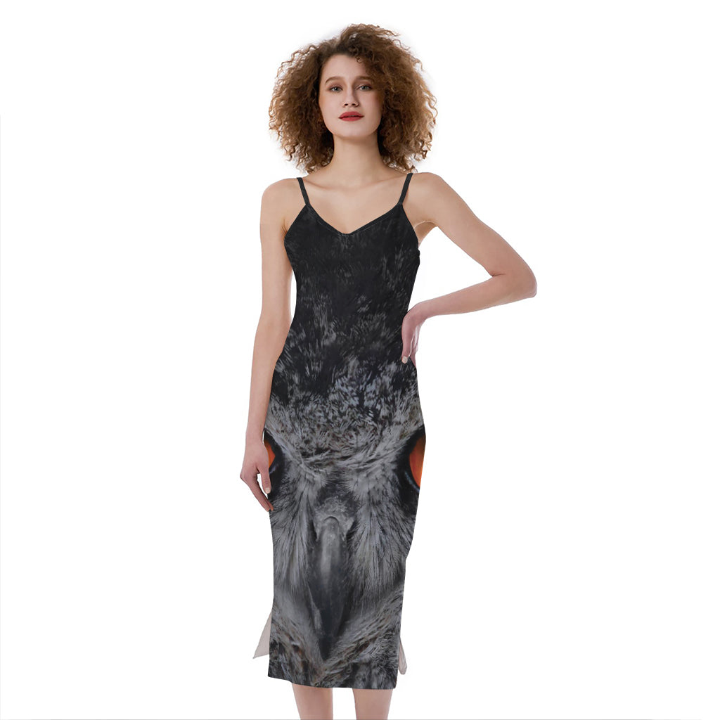 Owl Eyes Print Slim Fit Midi Cami Dress