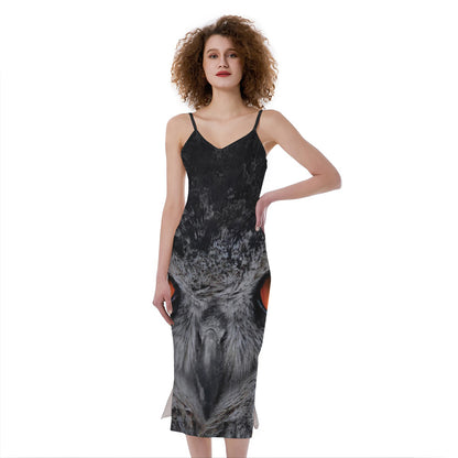 Owl Eyes Print Slim Fit Midi Cami Dress