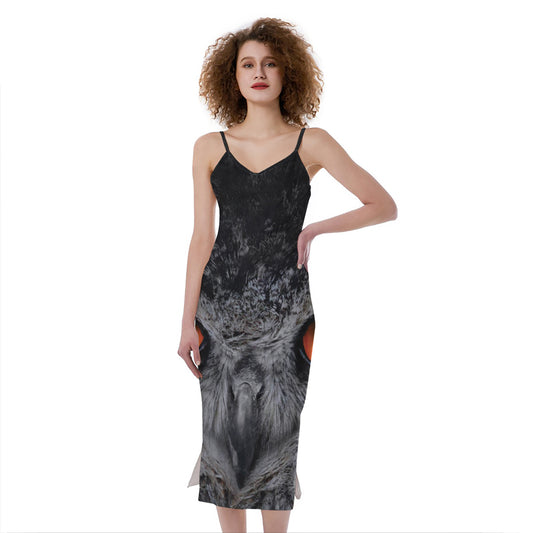 Owl Eyes Print Slim Fit Midi Cami Dress