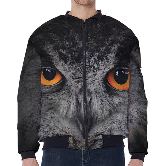 Owl Eyes Print Zip Sleeve Bomber Jacket