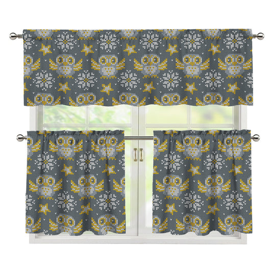 Owl Knitted Pattern Print 3 Piece Kitchen Curtains