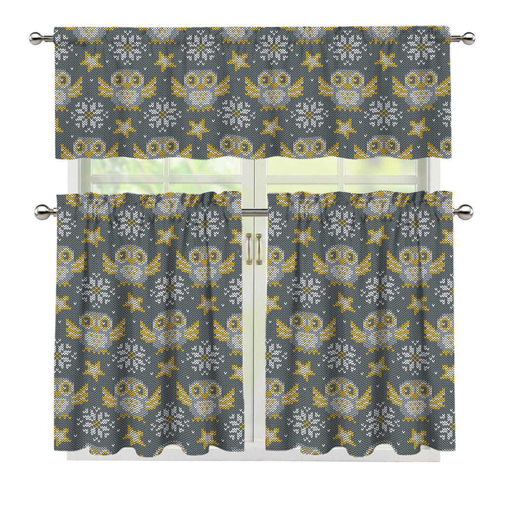 Owl Knitted Pattern Print 3 Piece Kitchen Curtains