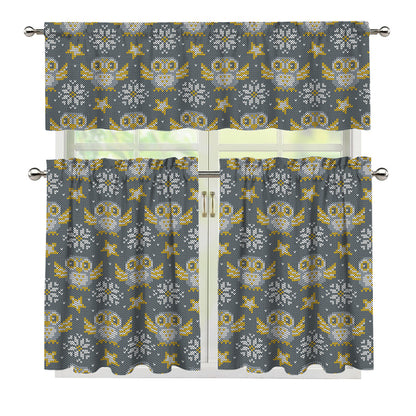 Owl Knitted Pattern Print 3 Piece Kitchen Curtains