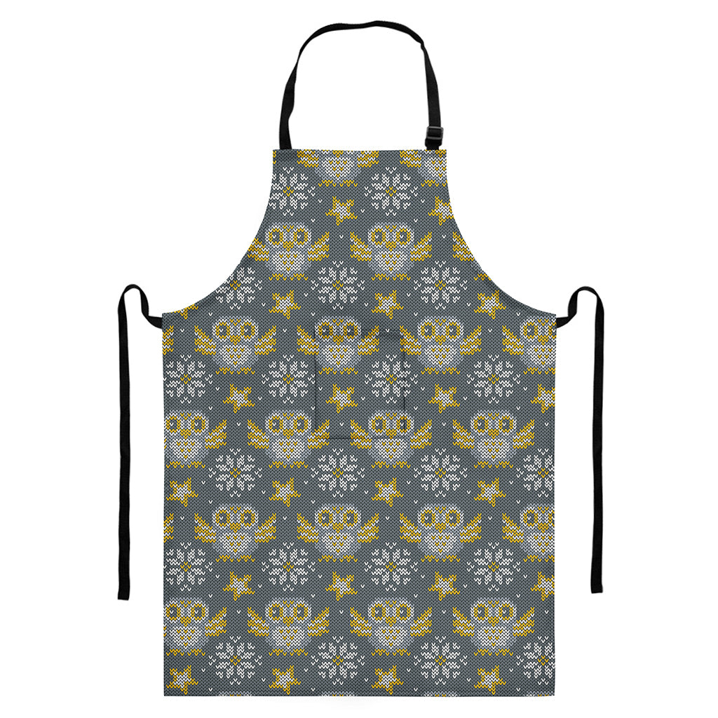 Owl Knitted Pattern Print Bib Apron With Pocket