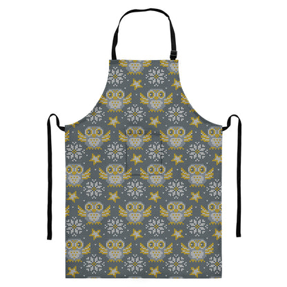 Owl Knitted Pattern Print Bib Apron With Pocket