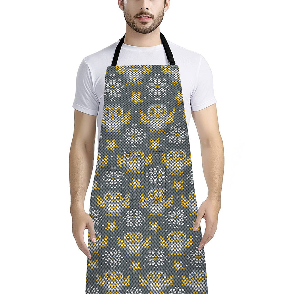 Owl Knitted Pattern Print Bib Apron With Pocket