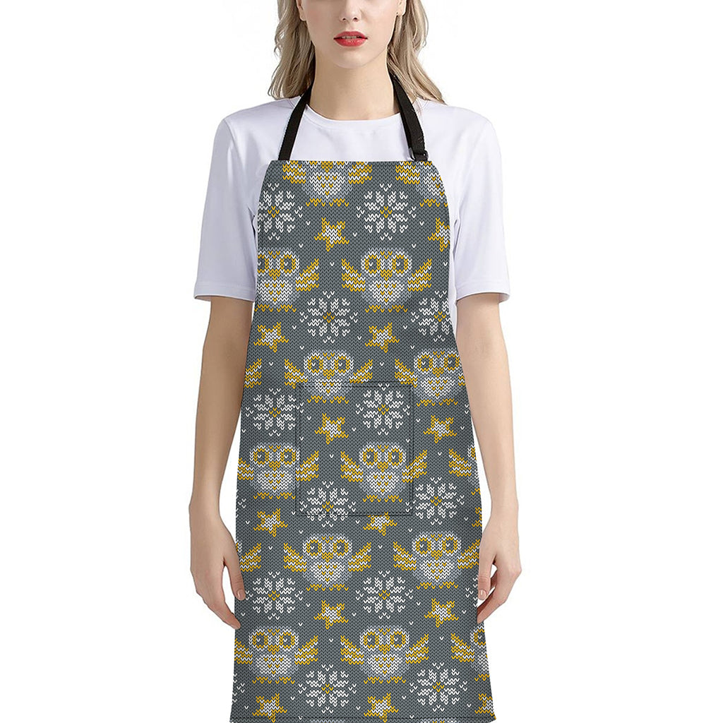 Owl Knitted Pattern Print Bib Apron With Pocket