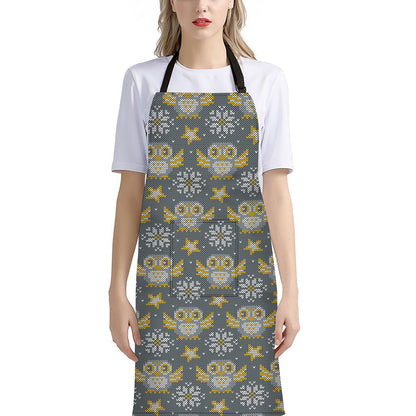 Owl Knitted Pattern Print Bib Apron With Pocket