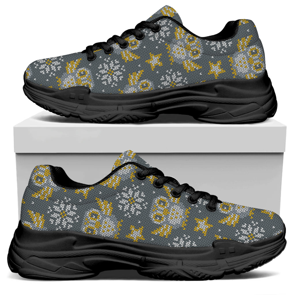 Owl Knitted Pattern Print Black Chunky Shoes