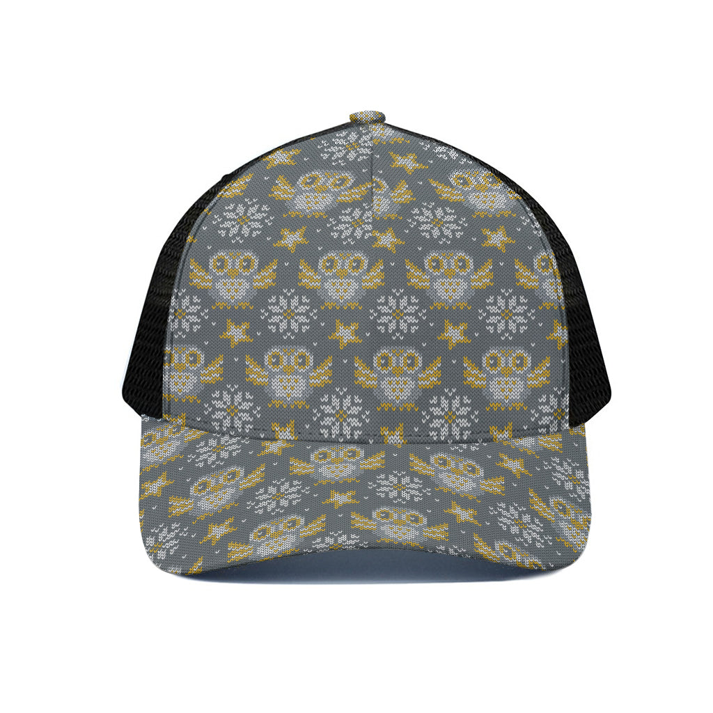 Owl Knitted Pattern Print Black Mesh Trucker Cap