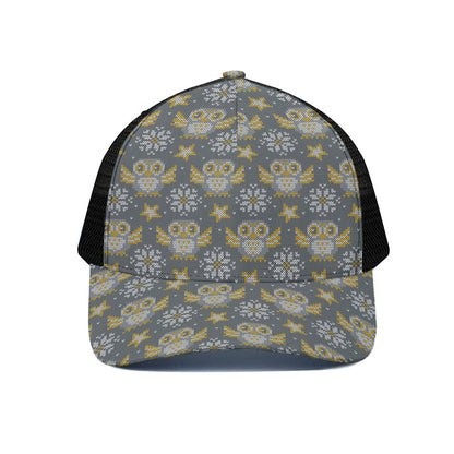 Owl Knitted Pattern Print Black Mesh Trucker Cap