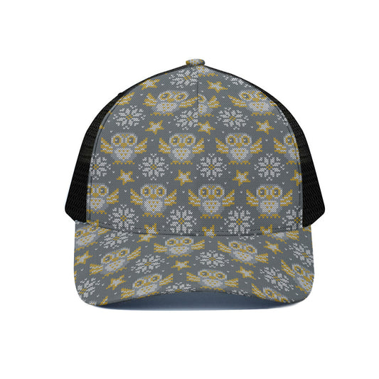Owl Knitted Pattern Print Black Mesh Trucker Cap