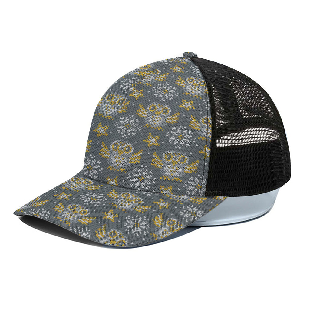 Owl Knitted Pattern Print Black Mesh Trucker Cap