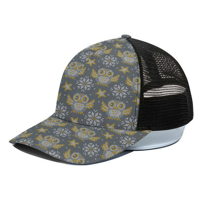 Owl Knitted Pattern Print Black Mesh Trucker Cap