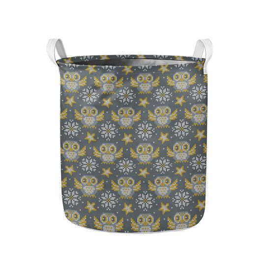 Owl Knitted Pattern Print Collapsible Laundry Basket