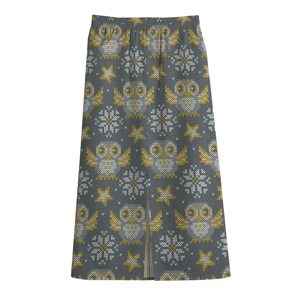 Owl Knitted Pattern Print Cotton Front Slit Maxi Skirt