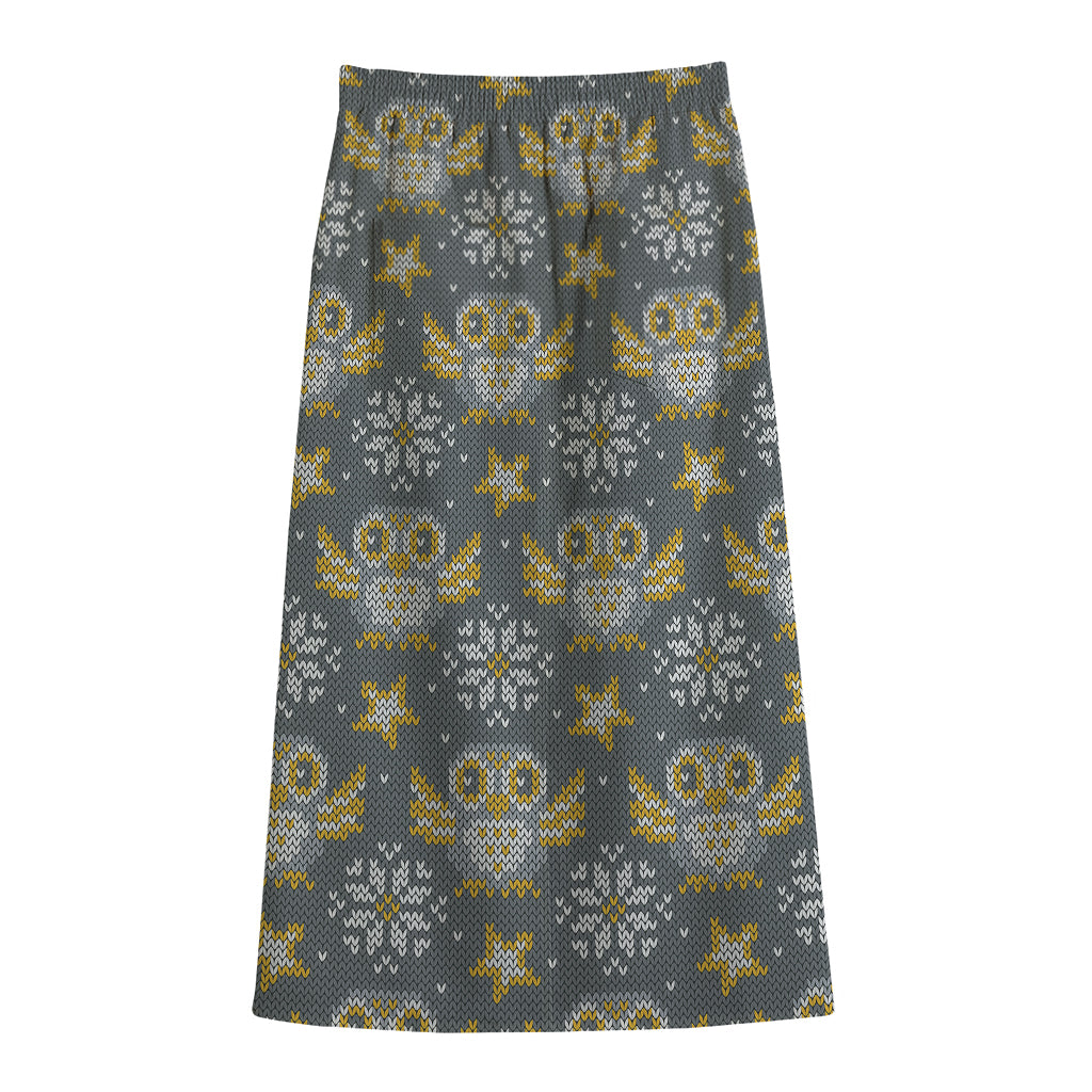 Owl Knitted Pattern Print Cotton Front Slit Maxi Skirt