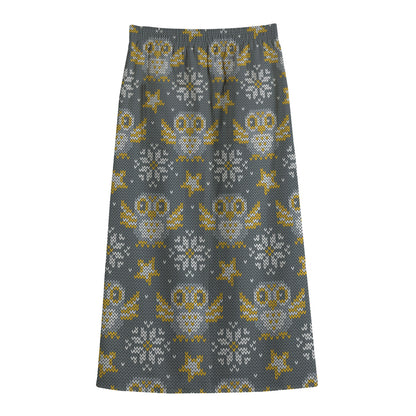 Owl Knitted Pattern Print Cotton Front Slit Maxi Skirt