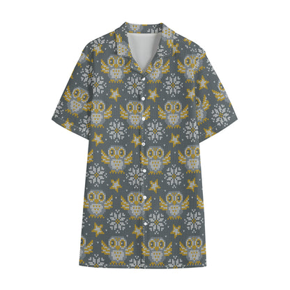 Owl Knitted Pattern Print Cotton Hawaiian Shirt