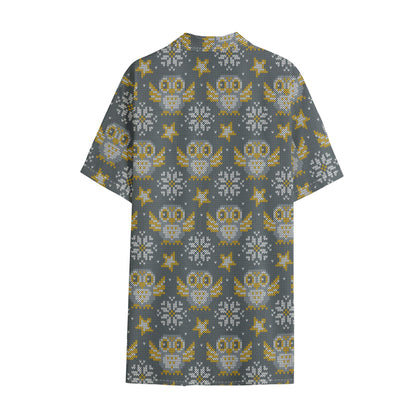 Owl Knitted Pattern Print Cotton Hawaiian Shirt