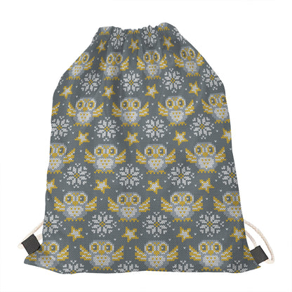 Owl Knitted Pattern Print Drawstring Bag