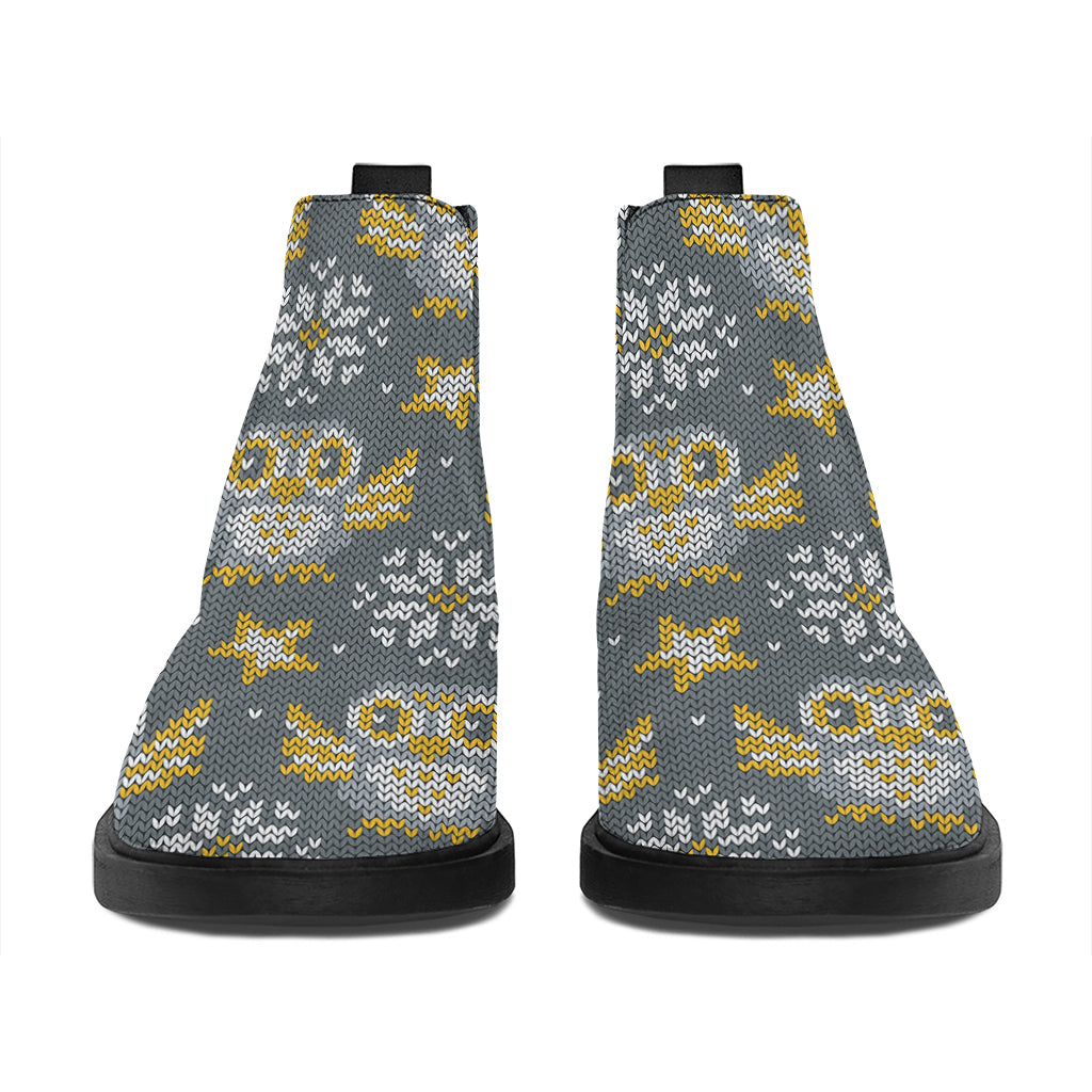 Owl Knitted Pattern Print Flat Ankle Boots