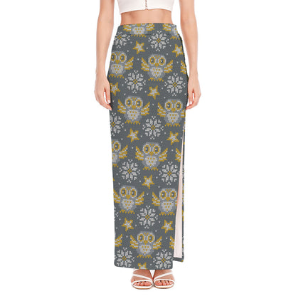 Owl Knitted Pattern Print High Slit Maxi Skirt