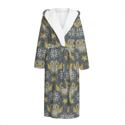 Owl Knitted Pattern Print Hooded Bathrobe