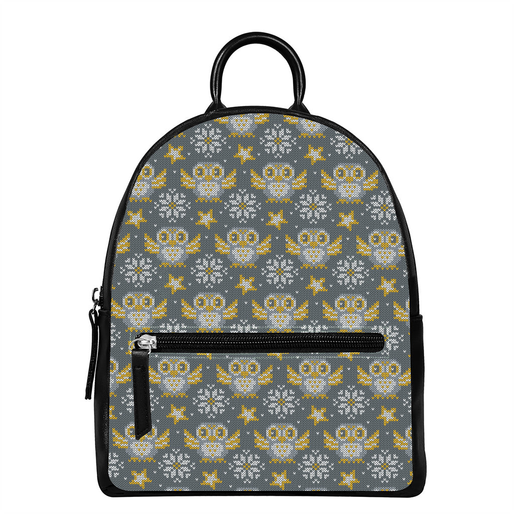 Owl Knitted Pattern Print Leather Backpack