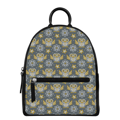 Owl Knitted Pattern Print Leather Backpack
