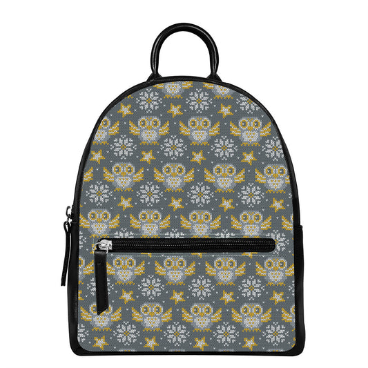 Owl Knitted Pattern Print Leather Backpack
