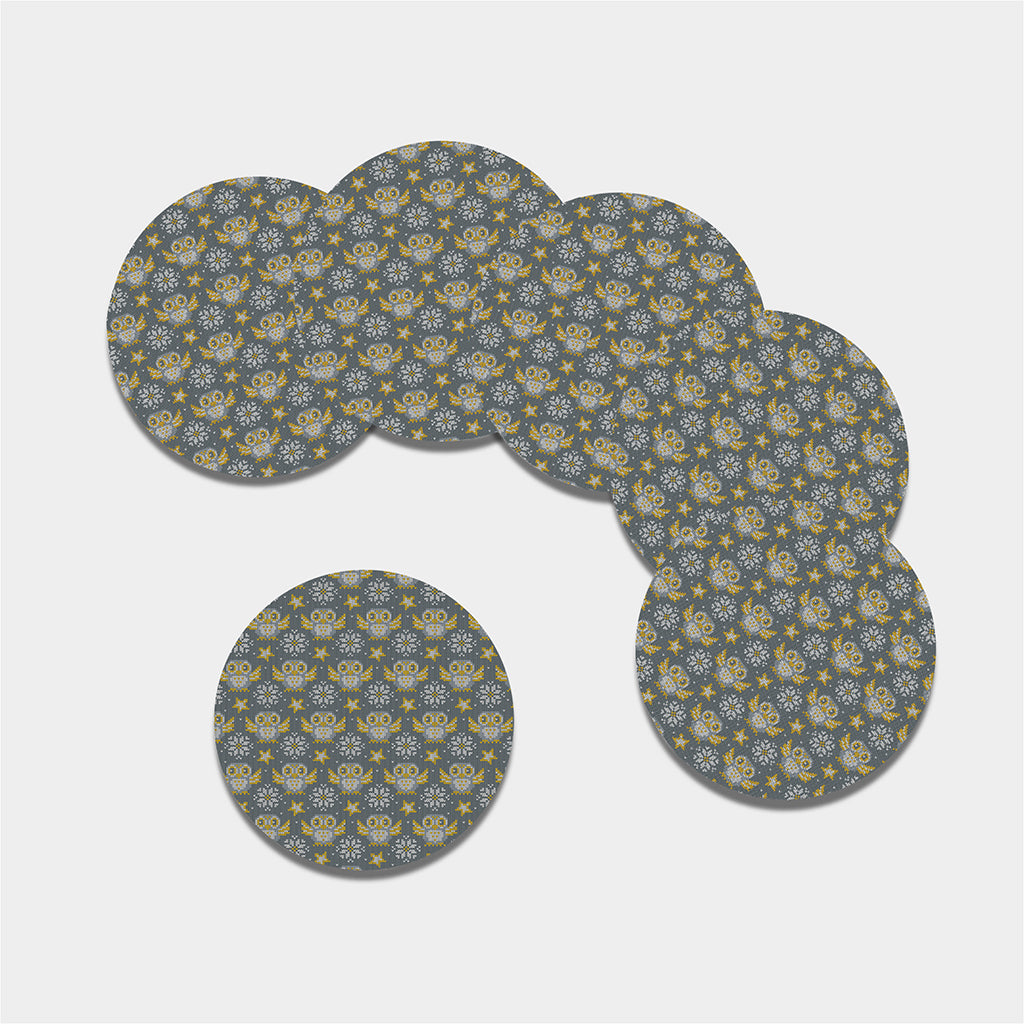 Owl Knitted Pattern Print Leather Coaster Set