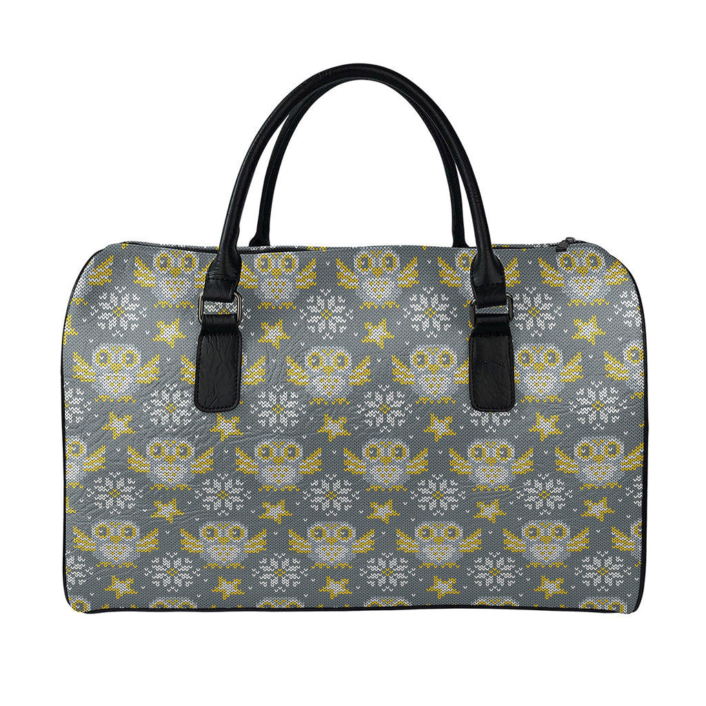 Owl Knitted Pattern Print Leather Duffle Bag