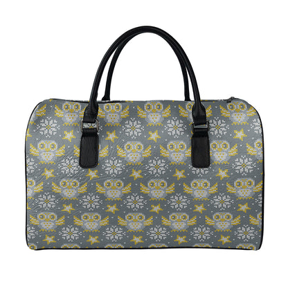 Owl Knitted Pattern Print Leather Duffle Bag