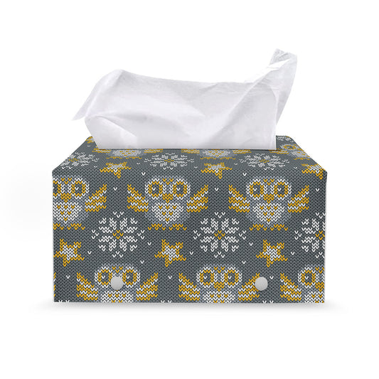 Owl Knitted Pattern Print Leather Tissue Box Cover