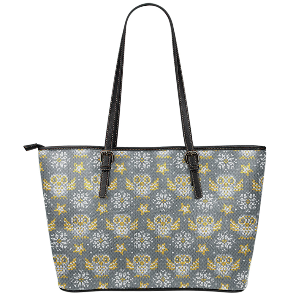 Owl Knitted Pattern Print Leather Tote Bag