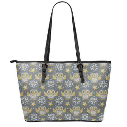 Owl Knitted Pattern Print Leather Tote Bag