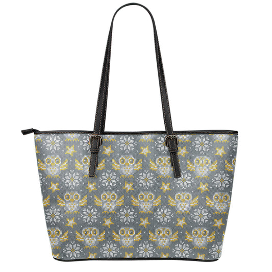 Owl Knitted Pattern Print Leather Tote Bag