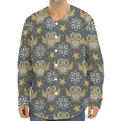 Owl Knitted Pattern Print Long Sleeve Baseball Jersey