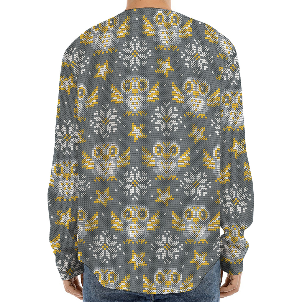 Owl Knitted Pattern Print Long Sleeve Baseball Jersey