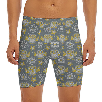 Owl Knitted Pattern Print Men's Long Boxer Briefs