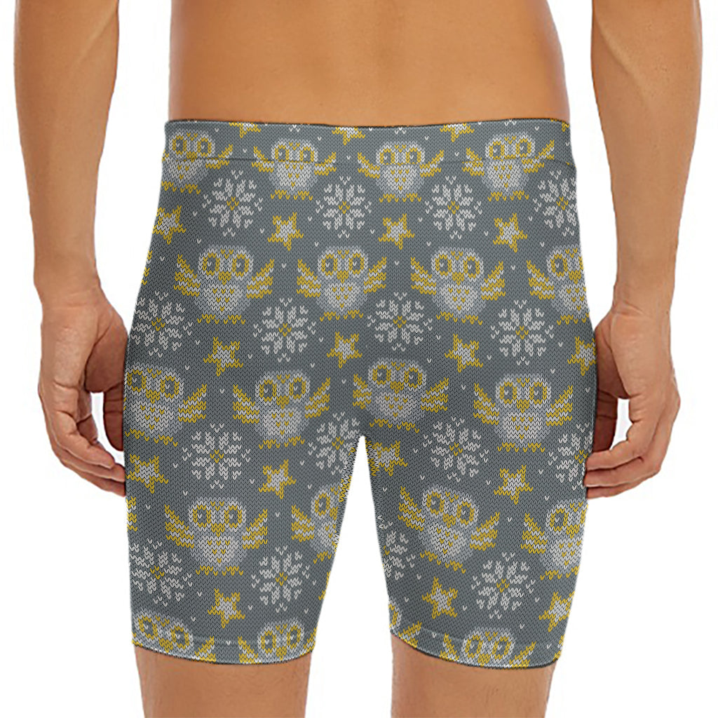Owl Knitted Pattern Print Men's Long Boxer Briefs