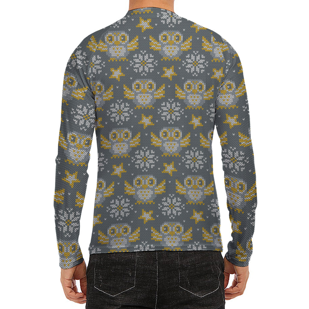 Owl Knitted Pattern Print Men's Long Sleeve Rash Guard