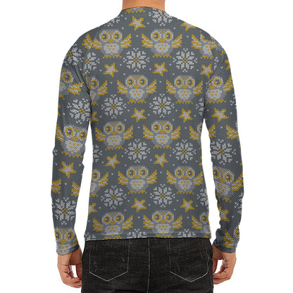 Owl Knitted Pattern Print Men's Long Sleeve Rash Guard