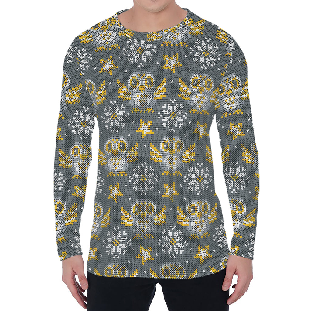 Owl Knitted Pattern Print Men's Long Sleeve T-Shirt